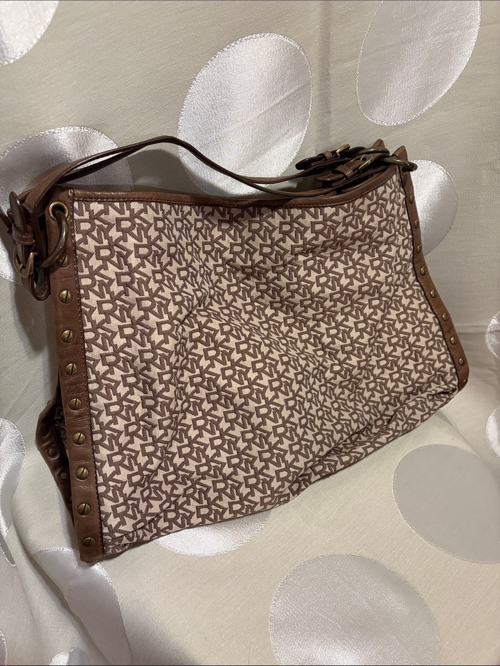 Vintage DKNY Monogram Signature Canvas Studded Hobo Shoulder Tote Bag - Y2K
